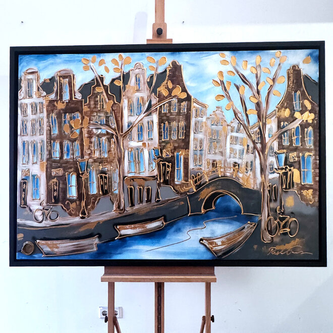 Schilderij- 100x150cm - Amsterdam Herengracht -Blue & Gold #295