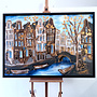 Schilderij- 100x150cm - Rick Triest - Amsterdam Herengracht -Blue & Gold #295