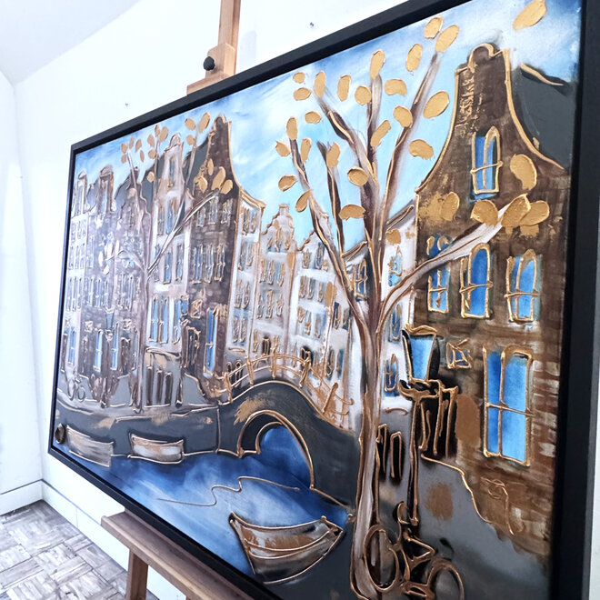 Schilderij- 100x150cm - Rick Triest - Amsterdam Herengracht -Blue & Gold #295