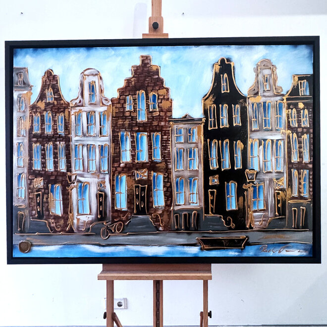 Schilderij- 100x150cm - Rick Triest - Amsterdam Herengracht -Blue & Gold #294