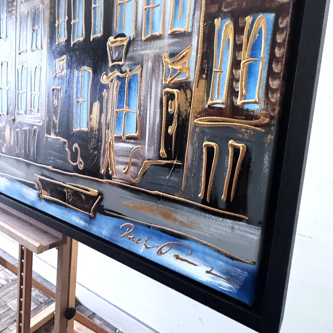Schilderij- 100x150cm - Rick Triest - Amsterdam Herengracht -Blue & Gold #294