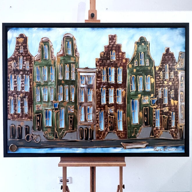 Schilderij- 100x150cm - Amsterdam Herengracht -Blue & Gold #293