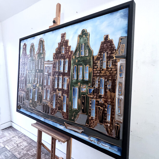 Schilderij- 100x150cm - Rick Triest - Amsterdam Herengracht -Blue & Gold #293
