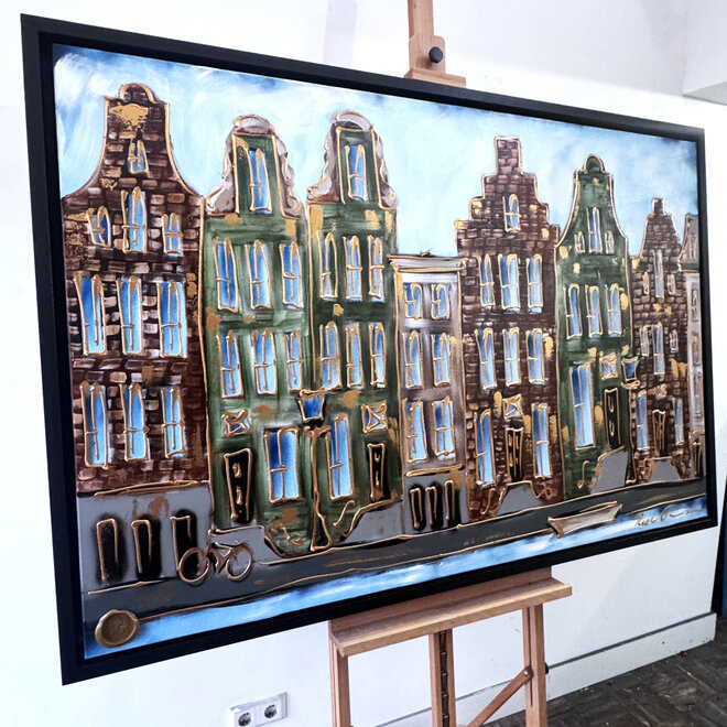 Schilderij- 100x150cm - Rick Triest - Amsterdam Herengracht -Blue & Gold #293