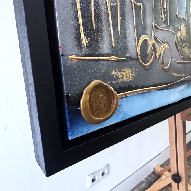 Schilderij- 100x150cm - Rick Triest - Amsterdam Herengracht -Blue & Gold #293