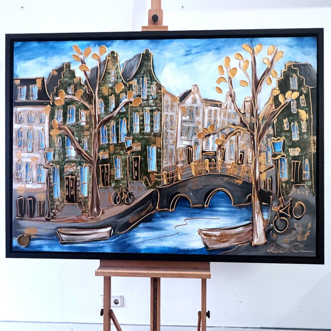Schilderij- 100x150cm - Amsterdam Herengracht -Blue & Gold #292