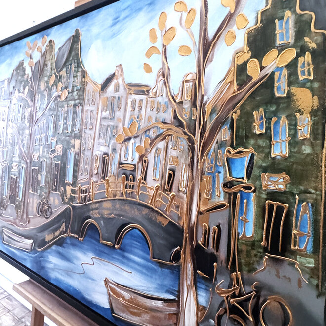 Schilderij- 100x150cm - Rick Triest - Amsterdam Herengracht -Blue & Gold #292