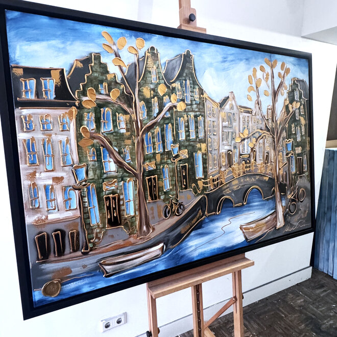 Painting- 100x150cm - Rick Triest - Amsterdam Herengracht -Blue & Gold #292