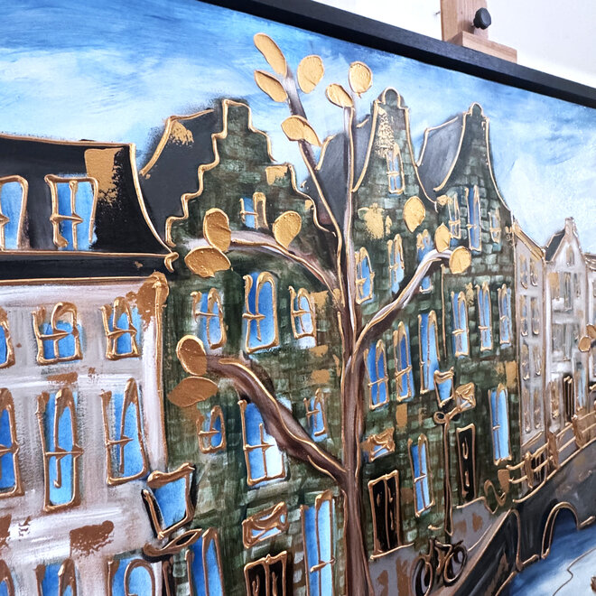 Schilderij- 100x150cm - Rick Triest - Amsterdam Herengracht -Blue & Gold #292