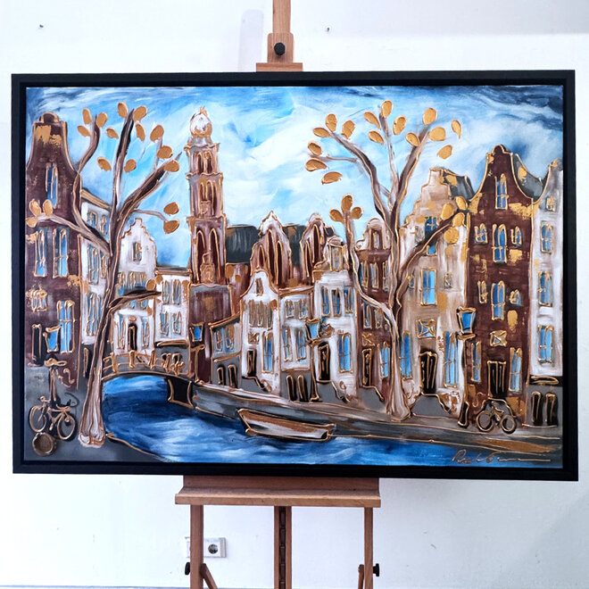 Schilderij- 100x150cm - Rick Triest - Amsterdam Herengracht -Blue & Gold #291 - Westertoren