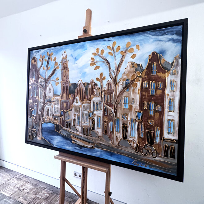 Painting- 100x150cm - Rick Triest - Amsterdam Herengracht -Blue & Gold #291 - Westertoren