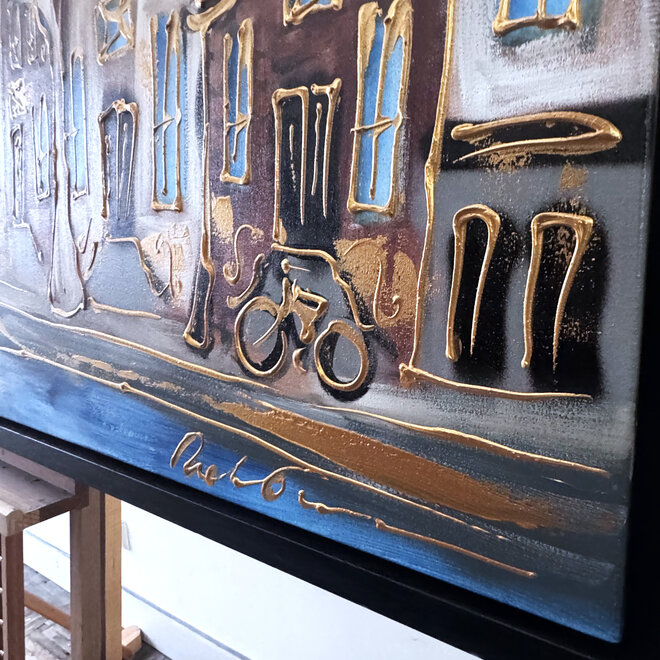 Painting- 100x150cm - Rick Triest - Amsterdam Herengracht -Blue & Gold #291 - Westertoren