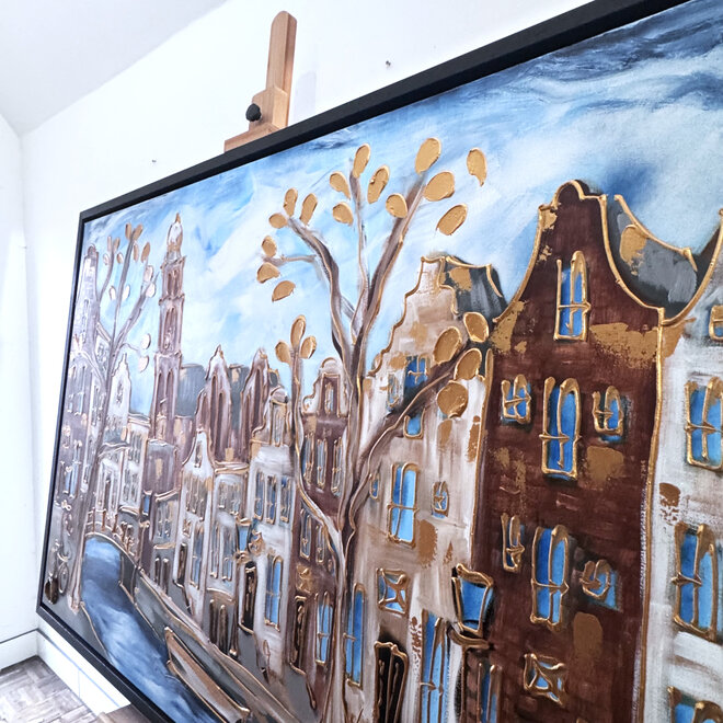 Painting- 100x150cm - Rick Triest - Amsterdam Herengracht -Blue & Gold #291 - Westertoren