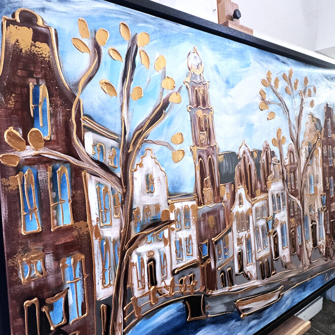 Painting- 100x150cm - Rick Triest - Amsterdam Herengracht -Blue & Gold #291 - Westertoren