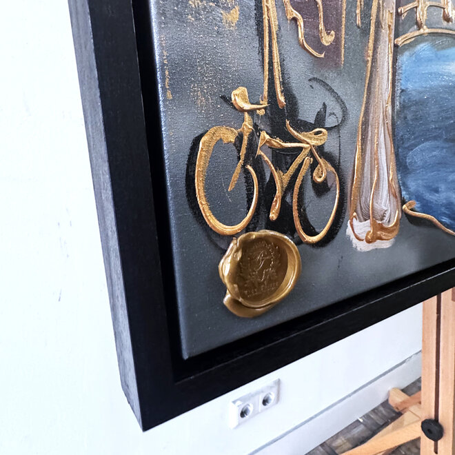 Schilderij- 100x150cm - Rick Triest - Amsterdam Herengracht -Blue & Gold #291 - Westertoren