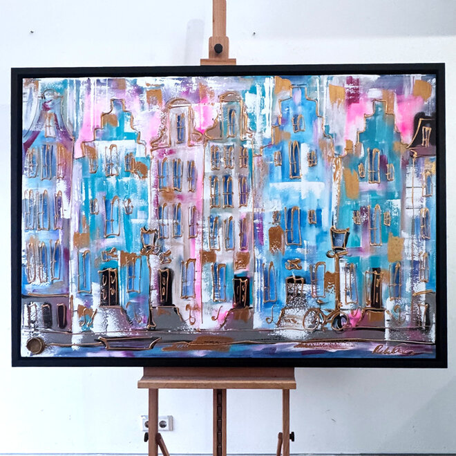 Painting- 100x150x4,5 cm - Amsterdam Canalhouses - Gold - BOHO CHIC - Sky Blue & Gold