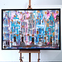 Painting- 100x150x4,5 cm - Rick Triest - Amsterdam Canalhouses - Gold - BOHO CHIC - Sky Blue & Gold