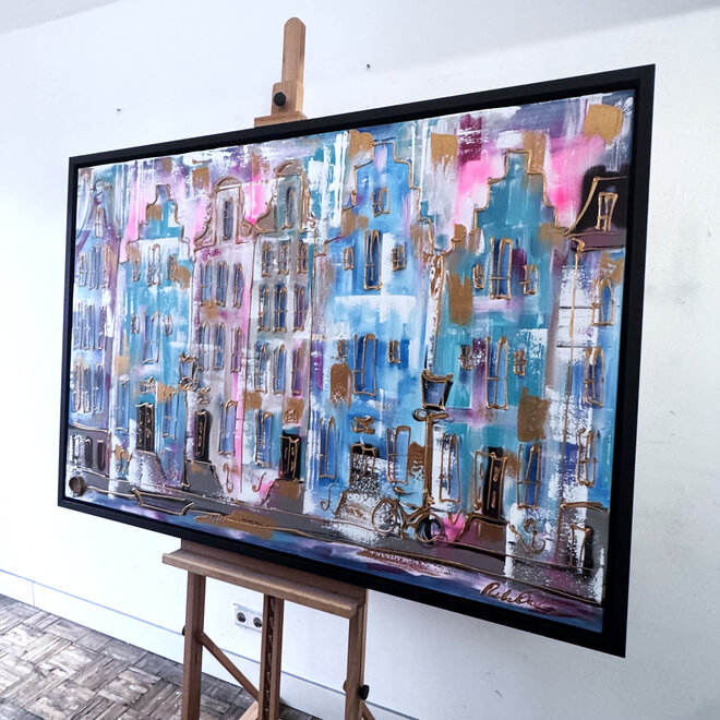 Painting- 100x150x4,5 cm - Rick Triest - Amsterdam Canalhouses - Gold - BOHO CHIC - Sky Blue & Gold