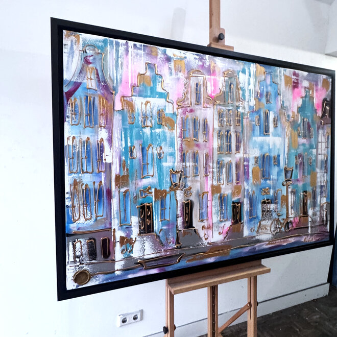 Painting- 100x150x4,5 cm - Rick Triest - Amsterdam Canalhouses - Gold - BOHO CHIC - Sky Blue & Gold