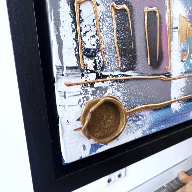 Schilderij- 100x150x4,5 cm - Rick Triest - Amsterdam Canalhouses - Gold - BOHO CHIC - Sky Blue & Gold