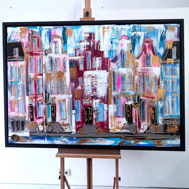 Painting- 100x150x4,5 cm - Amsterdam Canalhouses - Gold - BOHO CHIC - Red & Gold