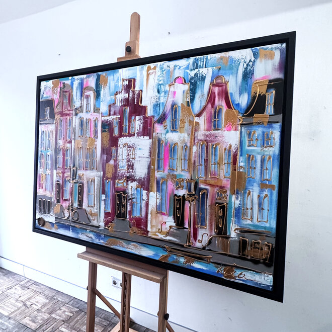 Schilderij- 100x150x4,5 cm - Rick Triest - Amsterdam Canalhouses - Gold - BOHO CHIC - Red & Gold