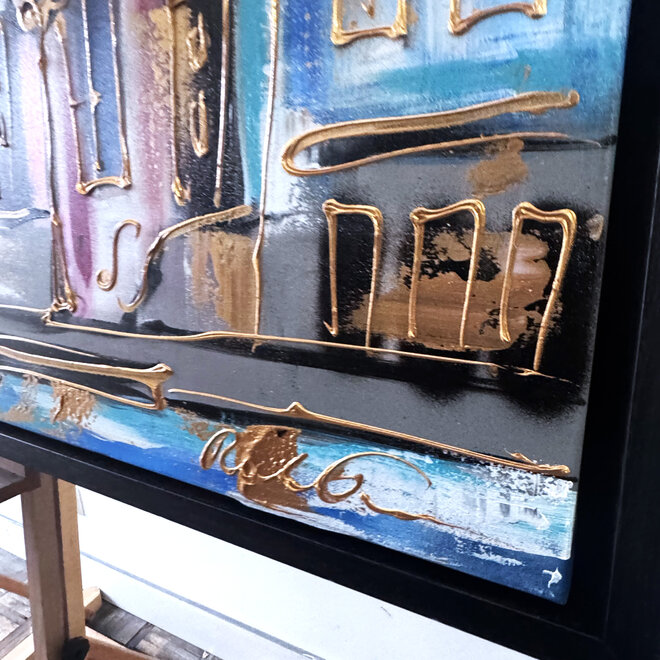 Painting- 100x150x4,5 cm - Rick Triest - Amsterdam Canalhouses - Gold - BOHO CHIC - Red & Gold