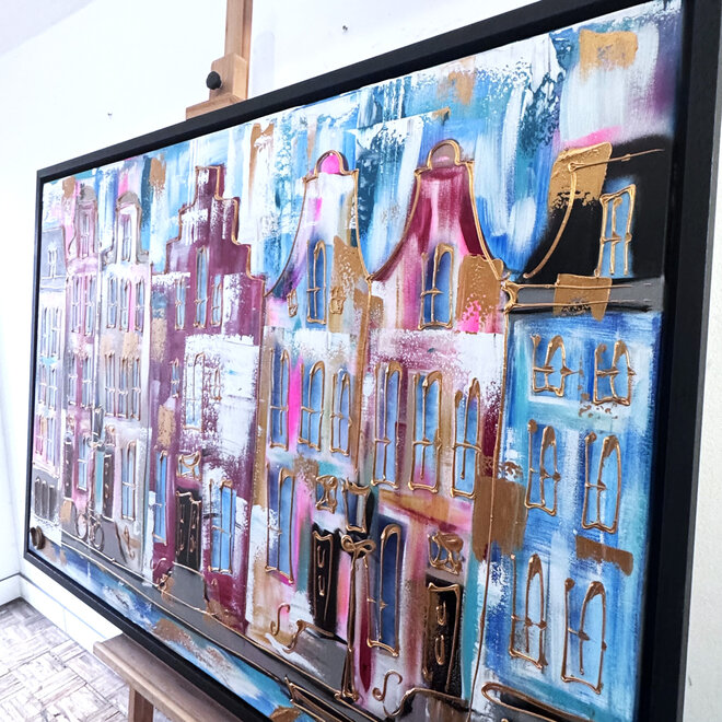 Painting- 100x150x4,5 cm - Rick Triest - Amsterdam Canalhouses - Gold - BOHO CHIC - Red & Gold
