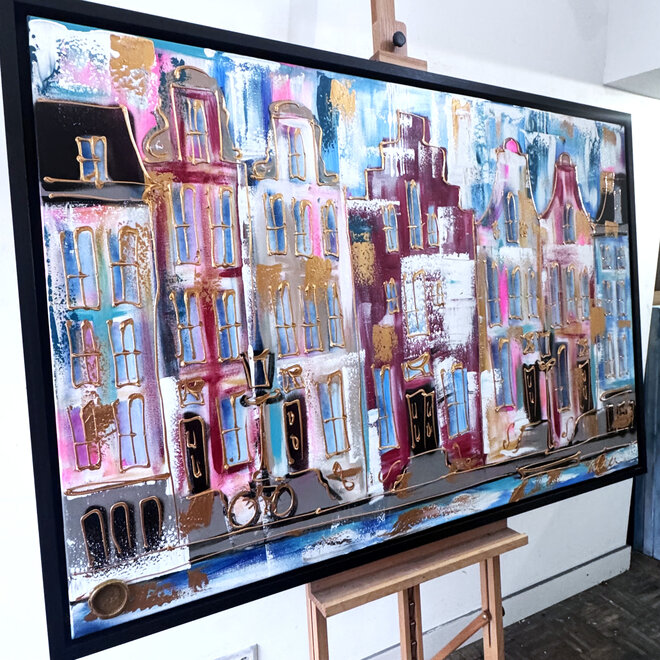 Schilderij- 100x150x4,5 cm - Rick Triest - Amsterdam Canalhouses - Gold - BOHO CHIC - Red & Gold