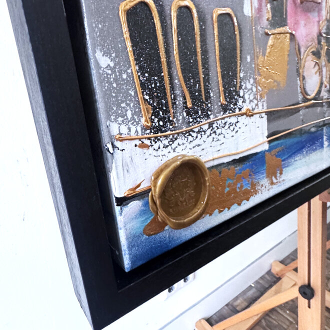 Painting- 100x150x4,5 cm - Rick Triest - Amsterdam Canalhouses - Gold - BOHO CHIC - Red & Gold