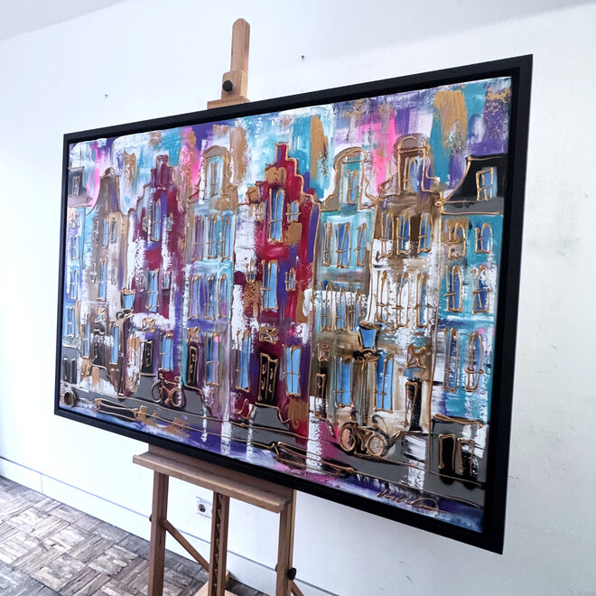 Schilderij- 100x150x4,5 cm - Rick Triest - Amsterdam Canalhouses - Gold - BOHO CHIC - Purple & Gold