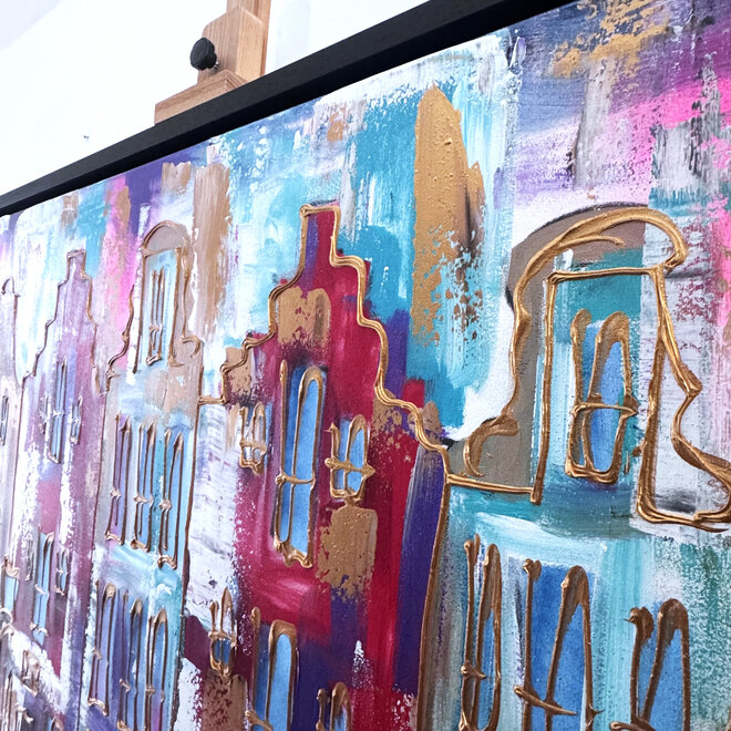 Schilderij- 100x150x4,5 cm - Rick Triest - Amsterdam Canalhouses - Gold - BOHO CHIC - Purple & Gold