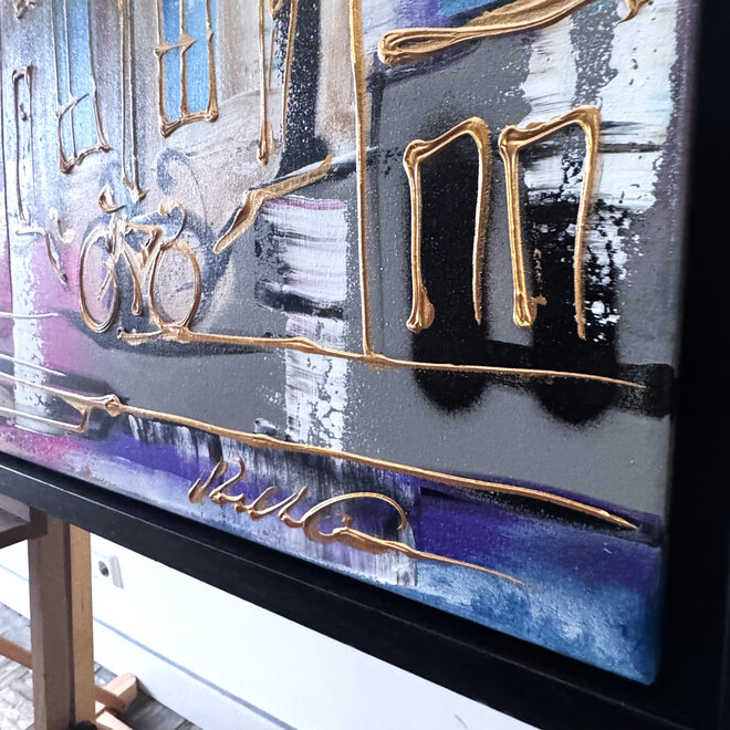 Painting- 100x150x4,5 cm - Rick Triest - Amsterdam Canalhouses - Gold - BOHO CHIC - Purple & Gold