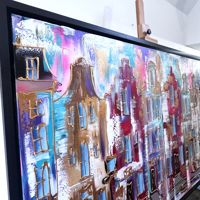 Painting- 100x150x4,5 cm - Rick Triest - Amsterdam Canalhouses - Gold - BOHO CHIC - Purple & Gold