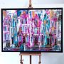 Schilderij- 100x150x4,5 cm - Rick Triest - Amsterdam Canalhouses - Gold - BOHO CHIC - Pink & Gold