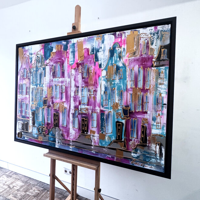 Schilderij- 100x150x4,5 cm - Rick Triest - Amsterdam Canalhouses - Gold - BOHO CHIC - Pink & Gold