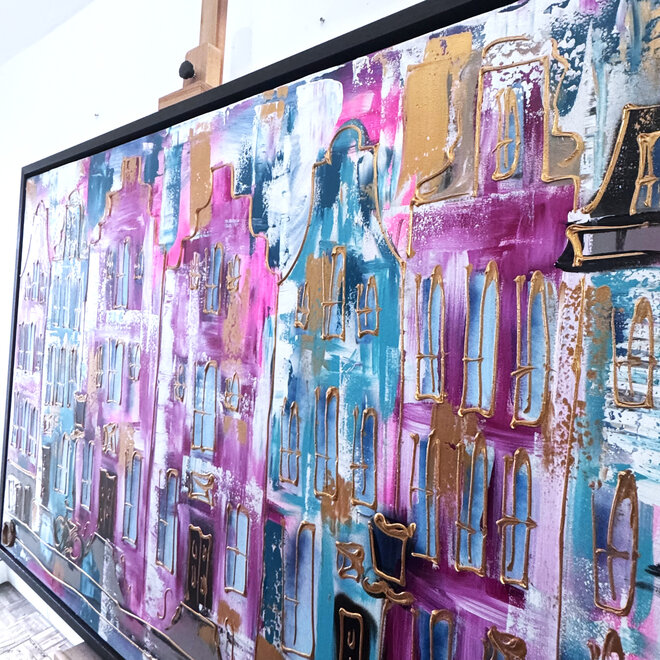 Schilderij- 100x150x4,5 cm - Rick Triest - Amsterdam Canalhouses - Gold - BOHO CHIC - Pink & Gold