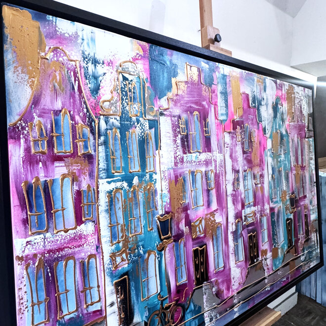 Painting- 100x150x4,5 cm - Rick Triest - Amsterdam Canalhouses - Gold - BOHO CHIC - Pink & Gold