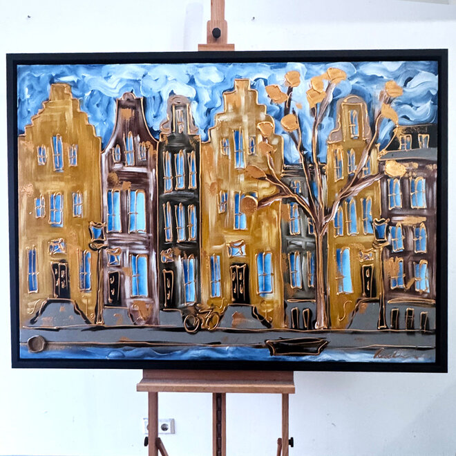 Schilderij- 100x150cm - Amsterdam Herengracht -Blue & Gold #291 - Starry night