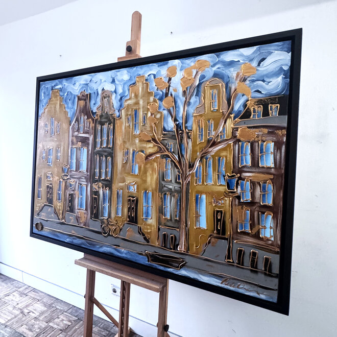 Schilderij- 100x150cm - Rick Triest - Amsterdam Herengracht -Blue & Gold #291 - Starry night