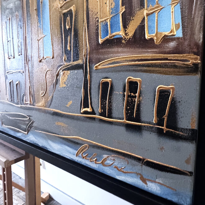 Schilderij- 100x150cm - Rick Triest - Amsterdam Herengracht -Blue & Gold #291 - Starry night