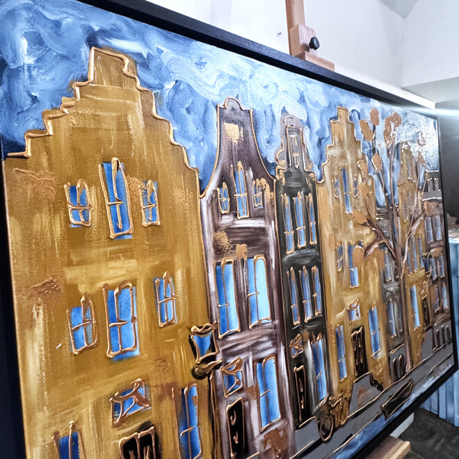 Painting- 100x150cm - Rick Triest - Amsterdam Herengracht -Blue & Gold #291 - Starry night