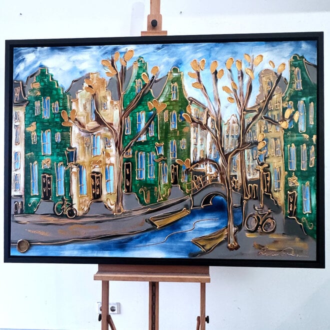 Schilderij- 100x150cm - Amsterdam Herengracht -Blue & Gold #290