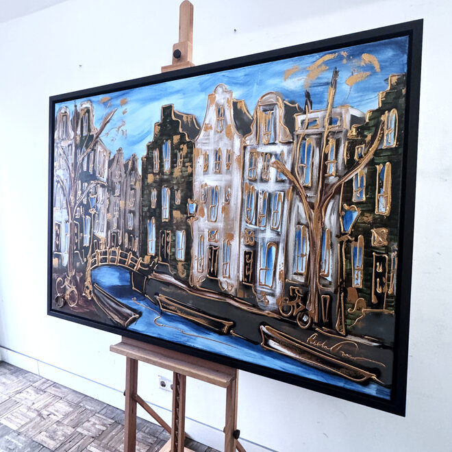 Schilderij- 100x150cm - Rick Triest - Amsterdam Herengracht -Blue & Gold #281