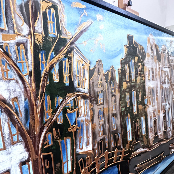 Schilderij- 100x150cm - Rick Triest - Amsterdam Herengracht -Blue & Gold #281