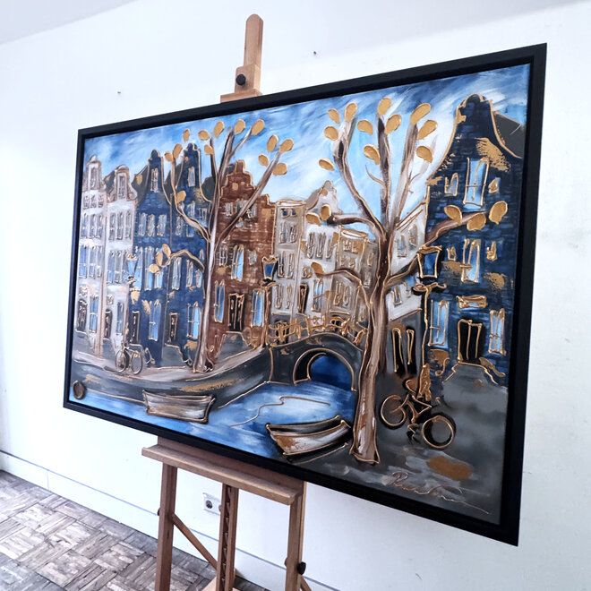 Schilderij- 100x150cm - Rick Triest - Amsterdam Herengracht -Blue & Gold #305