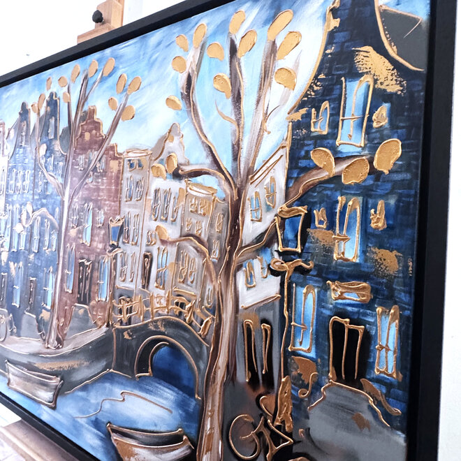 Schilderij- 100x150cm - Rick Triest - Amsterdam Herengracht -Blue & Gold #305