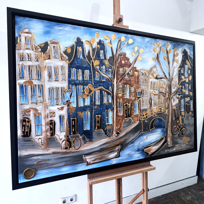 Schilderij- 100x150cm - Rick Triest - Amsterdam Herengracht -Blue & Gold #305
