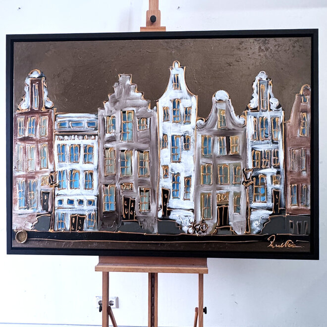 Schilderij- 100x150cm - Rick Triest - Amsterdam LUXURY style - grachten gevels in omber & Gold #25