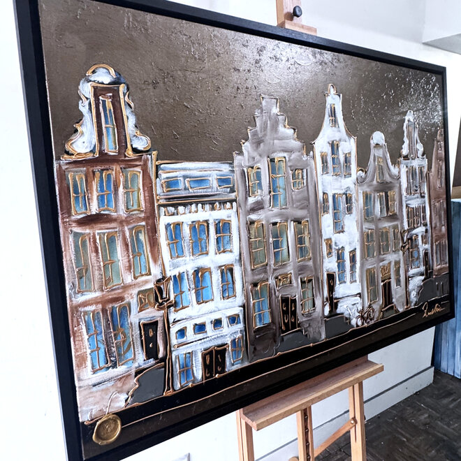 Schilderij- 100x150cm - Rick Triest - Amsterdam LUXURY style - grachten gevels in omber & Gold #25